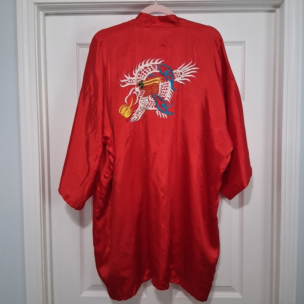 Vintage Red Dragon Kimono Robe Embroidery And Waist Tie